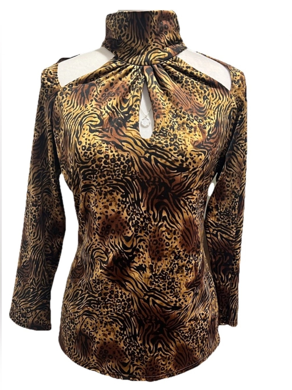 Camille La Vie Brown Animal Print Cold-Shoulder Mock Neck Top